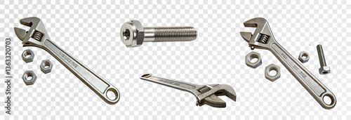Metal bolts and nuts, nails and screws, wrenches isolated on transparent background, vector png. Realistic 3D image.	