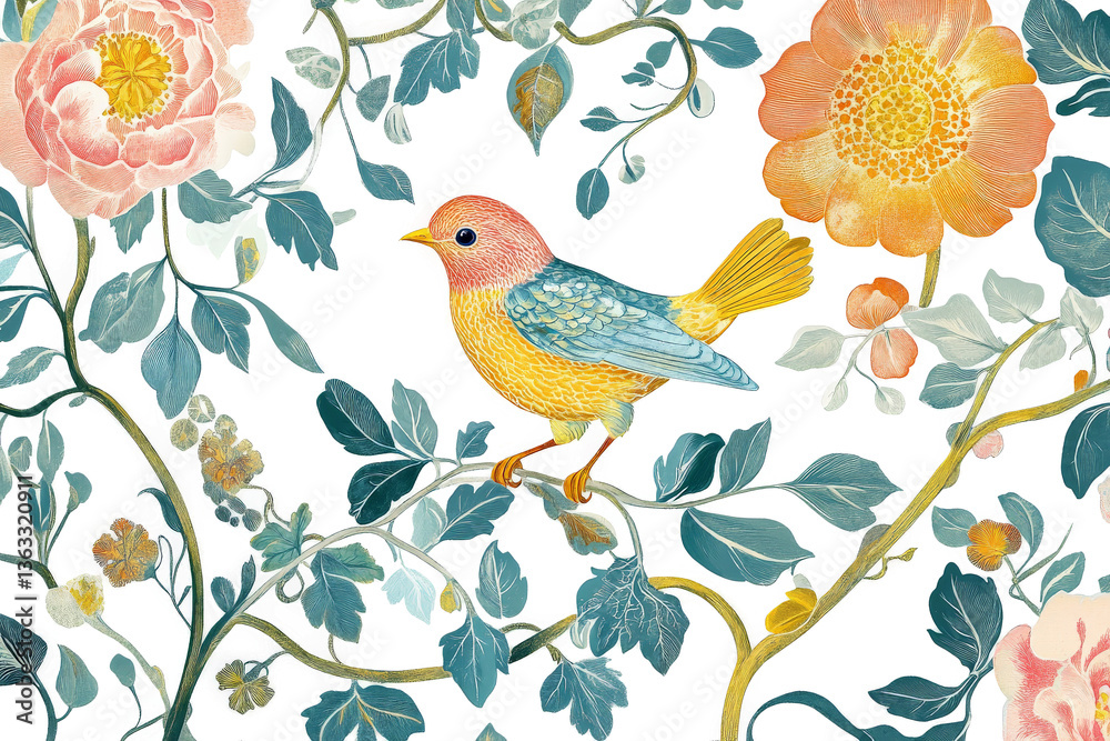 Fototapeta premium a bird and flowers on a white background cutout and isolated on transparent background 