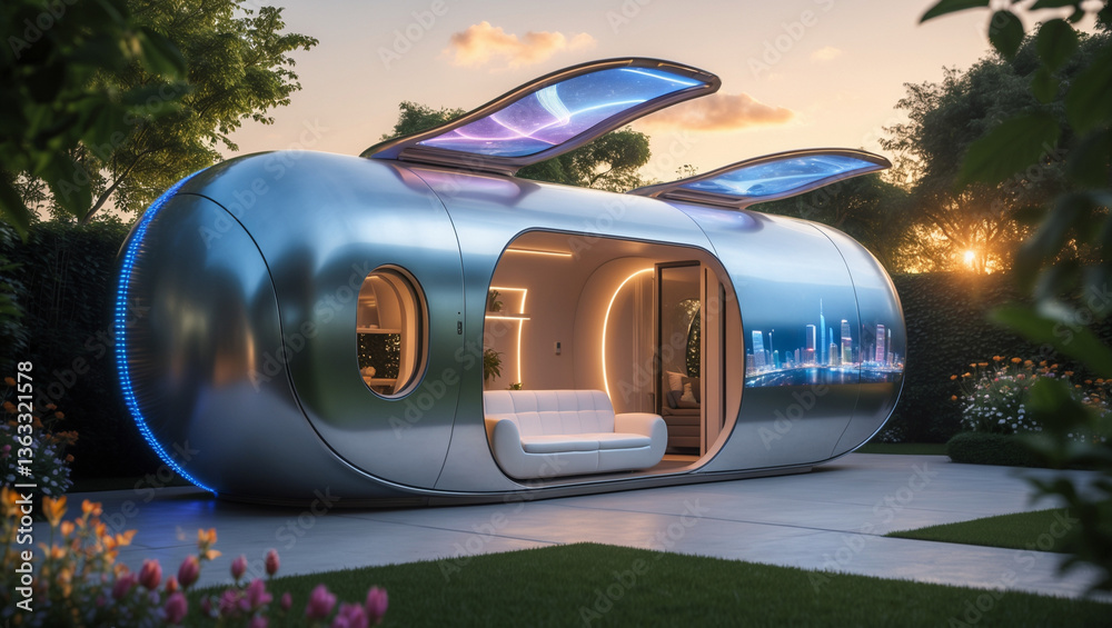 Fototapeta premium A futuristic silver pod offering a tranquil escape, nestled in a lush garden at sunset, featuring soft lighting and a city skyline display.