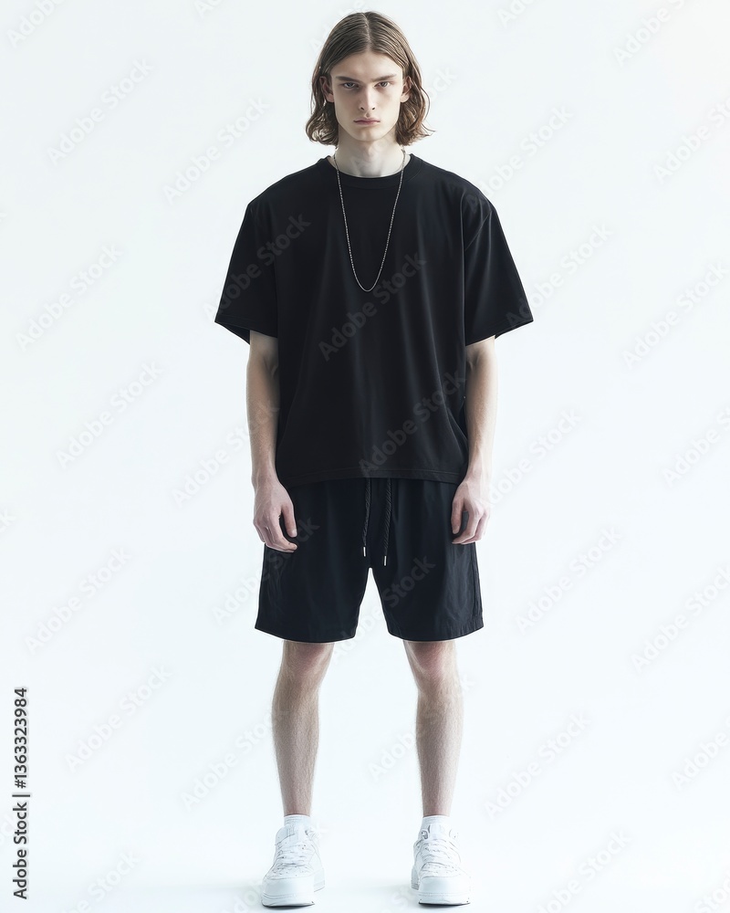Fototapeta premium Man Standing in Black Casual Outfit on White Background Studio Shot