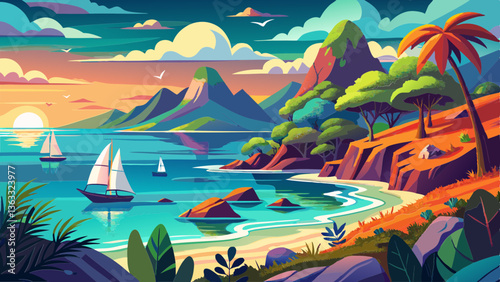 Tropical seascape with sailboat at sunny day. Sail yacht in beautiful lagune. Marine landscape with mountains and boat. AI generated vector illustration