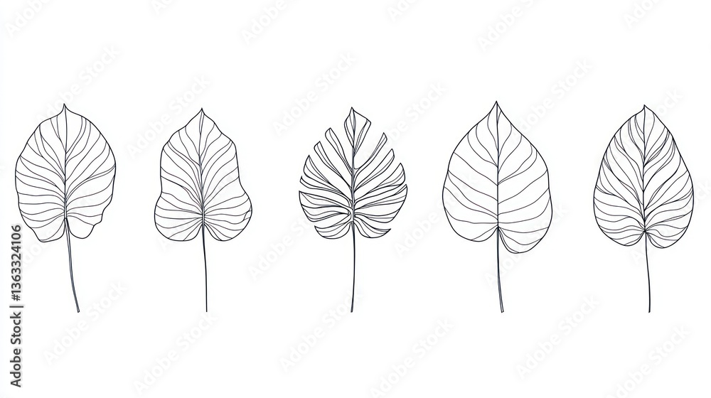 Fototapeta premium Tropical leaves line art illustration, design element, white background, botanical art