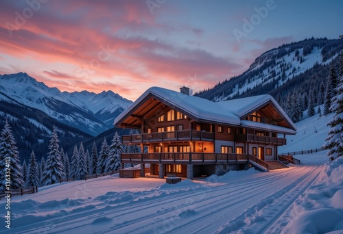Cozy Wooden Chalet Snowy Winter Landscape Sunset Majestic Mountains Pine Trees - Winter Vacation Promotions Holiday Getaways