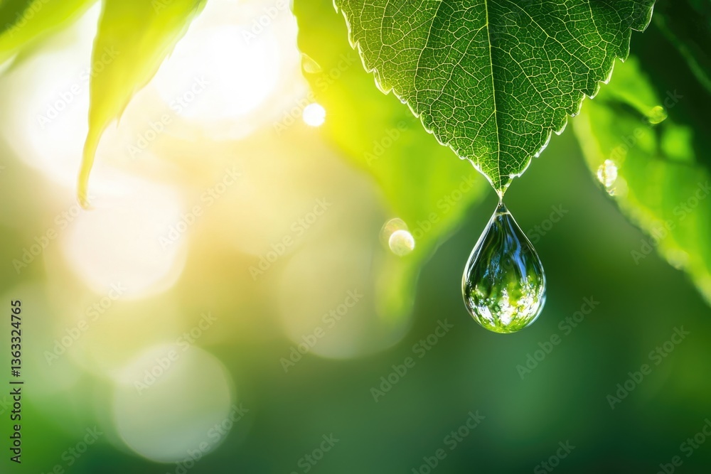 Fototapeta premium Close-up shot of a water droplet hanging from a vibrant green leaf, reflecting the surrounding environment