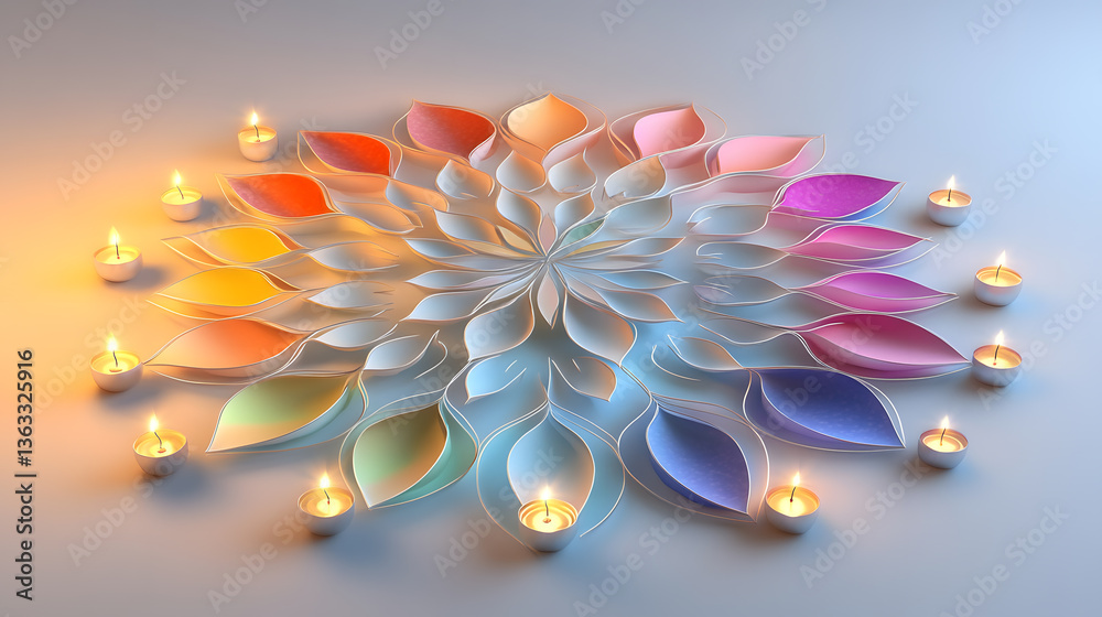 Fototapeta premium A colorful paper flower mandala is surrounded by lit candles. The vibrant petals create a calming, festive scene, perfect for Diwali or a spiritual setting.