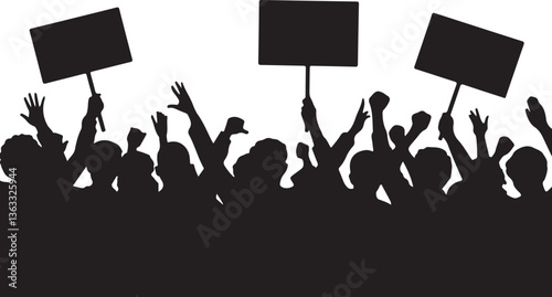 A powerful silhouette of a large group of people, arms raised, holding signs, expressing a collective sentiment of protest.