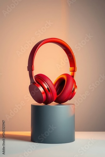 Red Headphones on a Display Podium for Audio Product Presentation