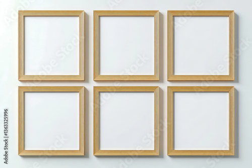 a set of four empty wooden frames on a white wall cutout and isolated on transparent background 