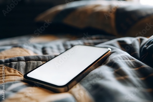 Smartphone mockup with blank screen on bed among  pillows and blankets. Cozy setup for showcasing mobile apps or UI designs.