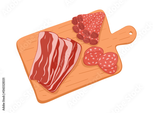 Hand drawn meat platter on cutting board on white background. Cold cuts for lunch, parties, picnic, salami, jamon, roll on wooden board