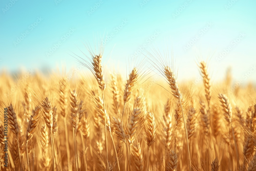 A field of ripe wheat swaying gently in the breeze, with a clear blue sky in the background A field of ripe wheat swaying gently in the breeze, with a clear blue sky in the background