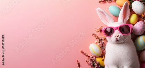 Easter bunny with sunglasses and pastel eggs