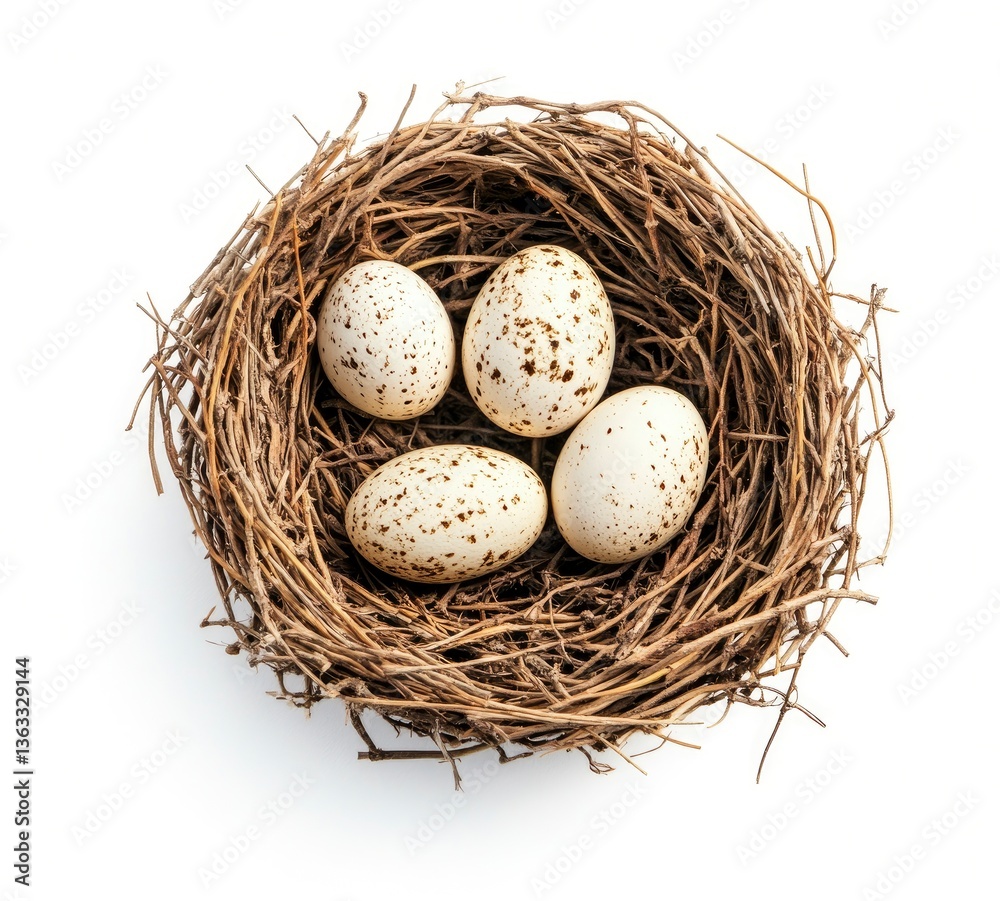 Bird Nest with Speckled Eggs on White Background Overhead View Bird Nest with Speckled Eggs on White Background Overhead View