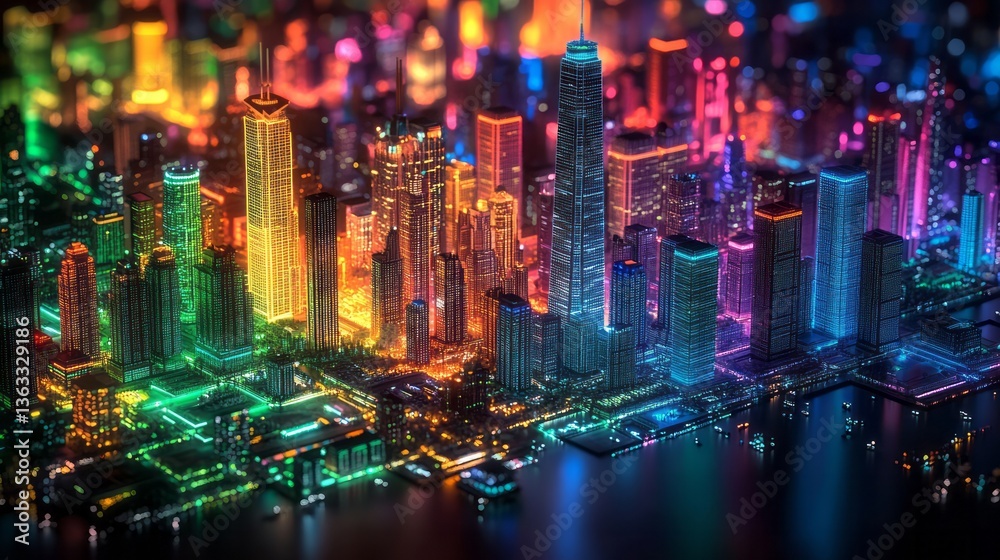 Obraz premium Vibrant futuristic cityscape illuminated with multicolored neon lights at night