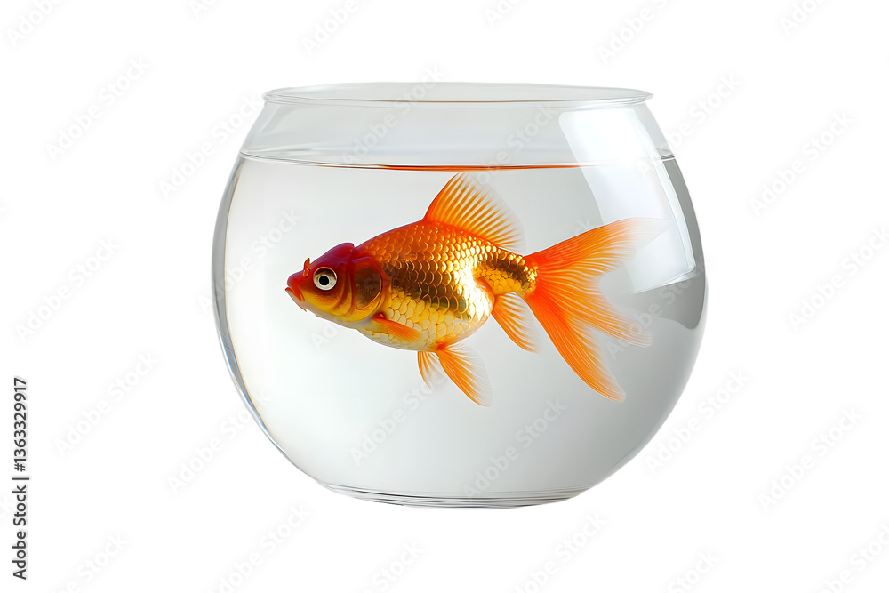 Elegant orange goldfish gracefully swimming inside a clear glass bowl on Nowruz day symbolizing new beginnings and prosperity with pristine white background