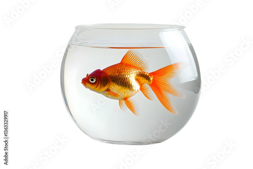 Obraz na płótnie Elegant orange goldfish gracefully swimming inside a clear glass bowl on Nowruz day symbolizing new beginnings and prosperity with pristine white background w salonie