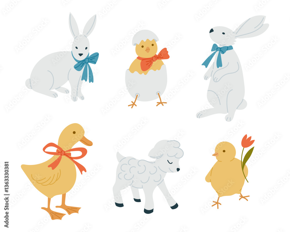 Naklejka premium Easter animals, including rabbits, a duckling, a lamb, and chicks, decorated with ribbons and flowers. A charming spring illustration symbolizing the Easter holiday and the awakening of nature