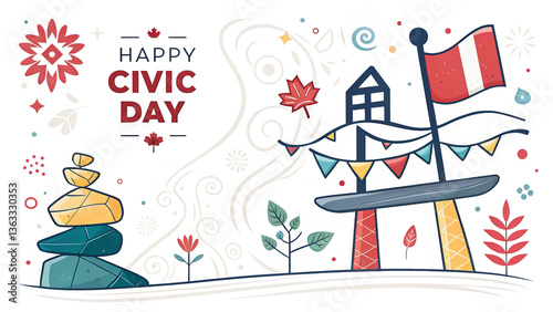 Happy civic day illustration with stacked stones and a flag on a white background design