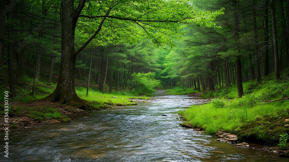 Serene Forest Stream with Lush Greenery. Serene Forest Stream with Lush Greenery.