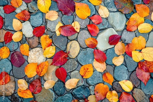 Colorful autumn leaves scattered over smooth stones, creating a beautiful natural mosaic. The scene evokes the changing seasons