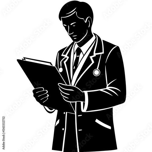 A silhouette of a doctor holding a medical chart, reading and analyzing