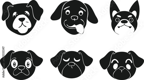 Dog Face Silhouettes Set - Cute Puppy Expressions Vector Clipart