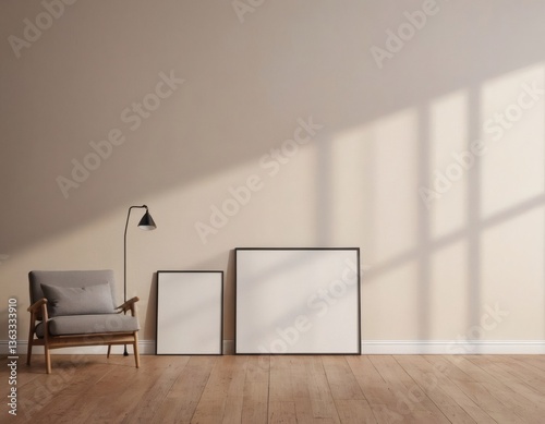 Mock-up poster frame in boho style, decorated living room. Modern, authentic Interior design of lthe iving room with wooden furnitures. 3D illustration photo