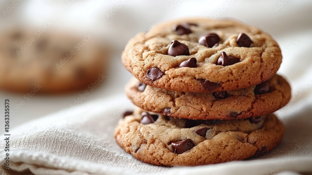 Stacked chocolate chip cookies on a cloth Stacked chocolate chip cookies on a cloth