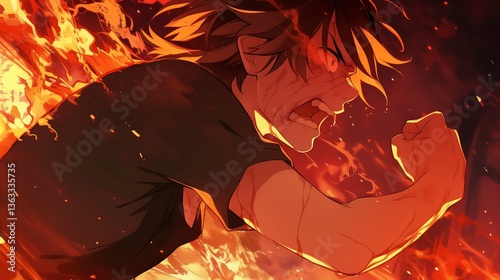 Intense anime character shouting in a dynamic pose with a fiery background, expressing strong emotions and raw energy