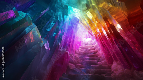 A hidden crystal cave system, where every step sends ripples of multicolored light cascading through the translucent walls