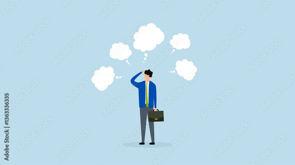 Too many thinking ideas, 4k animation of businessman thinking with many thinking bubbles. Too many thinking ideas, 4k animation of businessman thinking with many thinking bubbles.