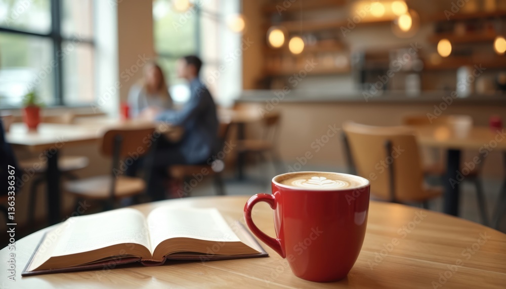 Red coffee cup with cappuccino and open book on wooden table in cafe. People sit, enjoy coffee, read book. Cozy atmosphere of relaxation, calmness, enjoyment, leisure. Caffeine break, study, chill. Red coffee cup with cappuccino and open book on wooden table in cafe. People sit, enjoy coffee, read book. Cozy atmosphere of relaxation, calmness, enjoyment, leisure. Caffeine break, study, chill.