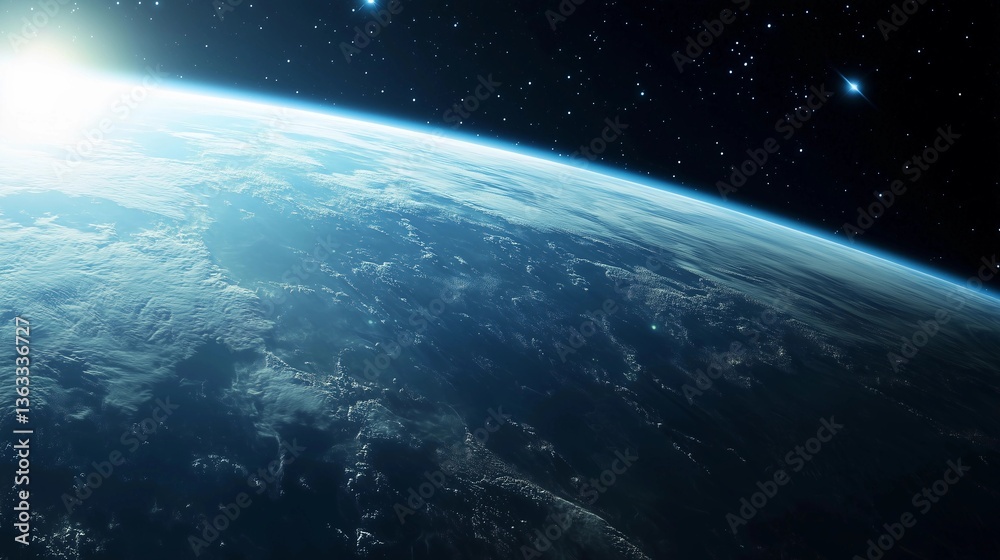 Obraz premium A beautiful blue planet with a bright sun in the background. The planet is surrounded by a vast expanse of stars, creating a serene and peaceful atmosphere