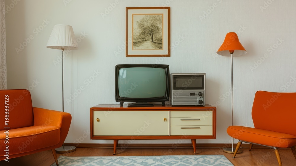 Fototapeta premium Mid-Century Modern Living Room Vintage TV, Retro Furniture, 1960s Decor, Aesthetic Retro Decor, Vintage Television