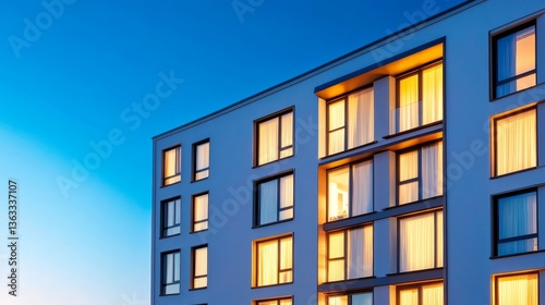 Modern Apartment Building at Dusk Compositional Photography, Illuminated Windows, Architectural Design, Apartment Exterior, Night Photography, Real Estate Apartment Building, Real