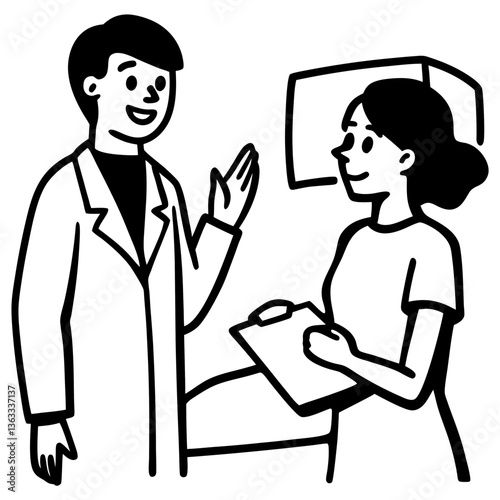 A silhouette of a doctor talking to a patient in a hospital room, gesturing with a reassuring smile 