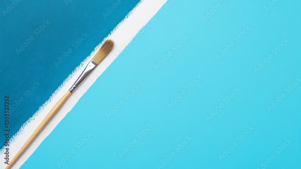 Naklejka premium Diagonal Paintbrush on Teal and Blue Background, Art Supplies, Creative Concept, Painting Painting, Brush