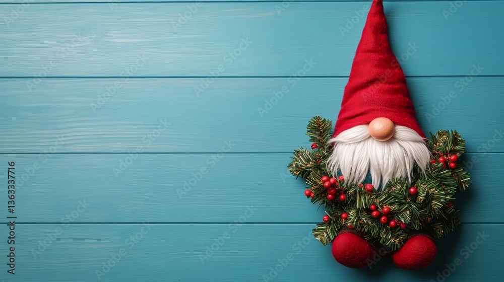 Obraz premium Christmas Gnome on Teal Wood Festive Composition, Holiday Decor, Winter Wonderland. Christmas gnome, holiday decoration