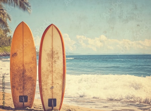 Surfboards on Sandy Beach with Ocean Waves Tropical Summer Vibes