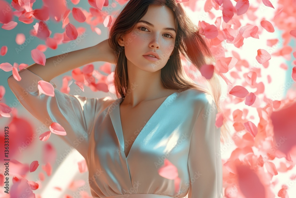 Portrait of a woman surrounded by flowing pink petals in an ethereal setting during golden hour
