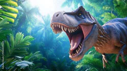 Animated tyrannosaurus rex roars in a lush prehistoric jungle photo