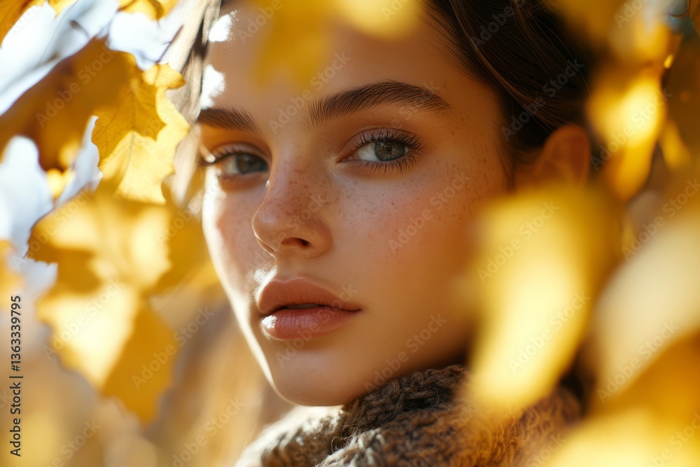 Young woman with freckles posing among vibrant autumn leaves during golden hour