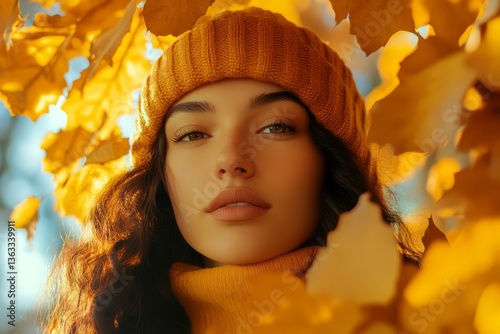 Woman in warm sweater and hat surrounded by autumn leaves during golden hour
