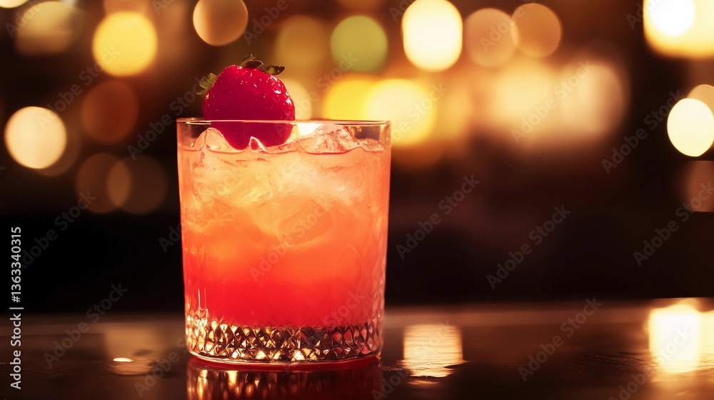 A glass of red drink with a strawberry on top. The drink is on a table and the background is blurry A glass of red drink with a strawberry on top. The drink is on a table and the background is blurry