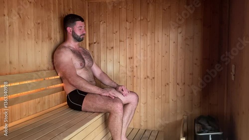 A man sitting in a wooden sauna, enjoying relaxation and heat therapy. The warm ambiance of the traditional sauna promotes wellness, stress relief, and detoxification.The scene includes a wooden bench