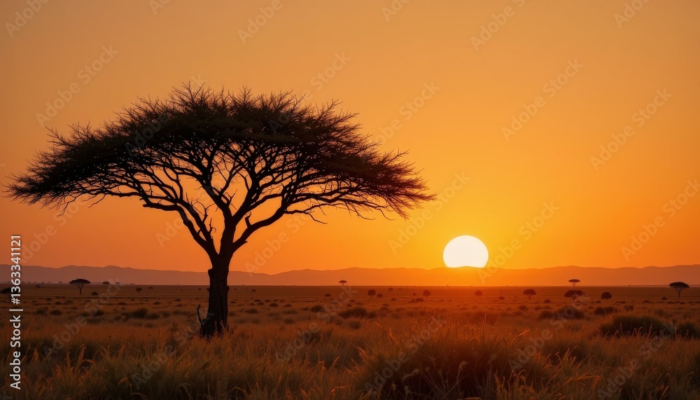 Obraz premium Silhouette Acacia Tree Warm Orange Sunset Sky - Tranquil African Landscape Photography Travel Nature Promotion