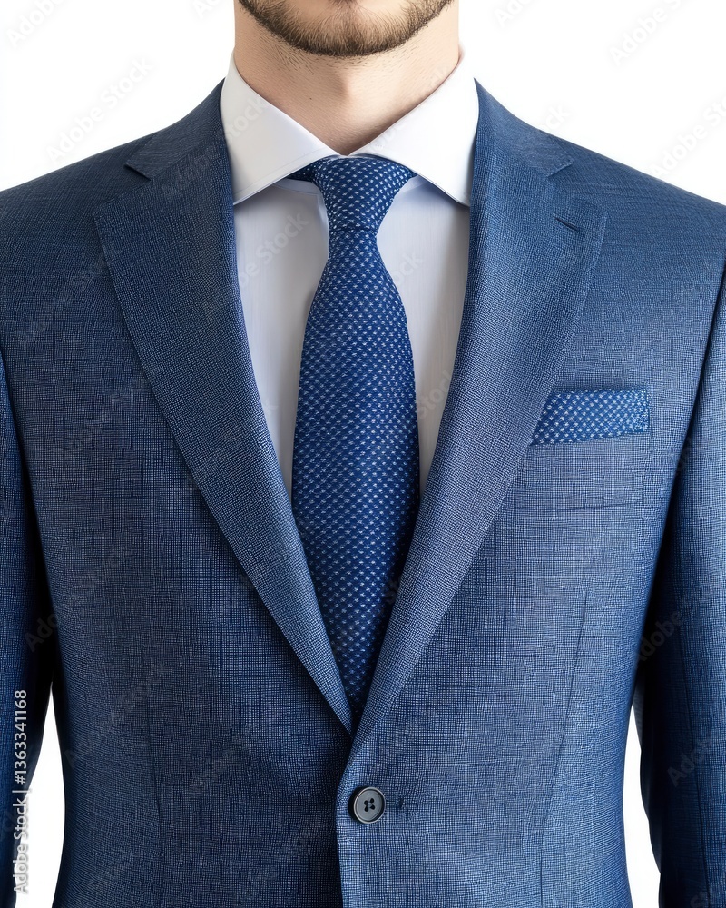 Man Wearing Formal Blue Suit with Tie and Pocket Square