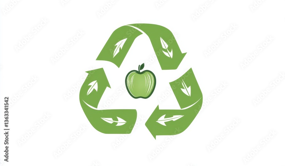 Green Circular Logo with Apple Core and Arrows Representing Waste Recycling in the Food Industry Green Circular Logo with Apple Core and Arrows Representing Waste Recycling in the Food Industry