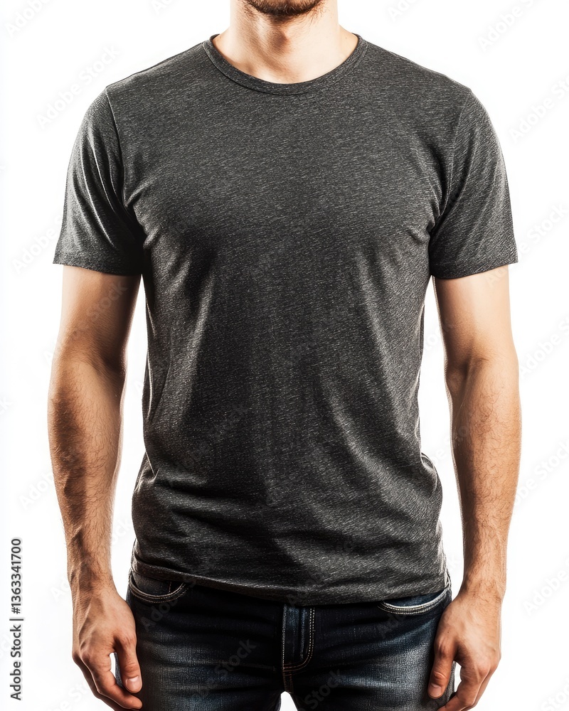 Man Wearing Gray T-shirt and Jeans on White Background Isolated Man Wearing Gray T-shirt and Jeans on White Background Isolated
