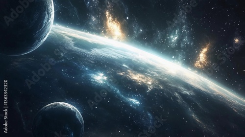 A space scene with a planet and two moons. The planet is surrounded by a blue and orange sky